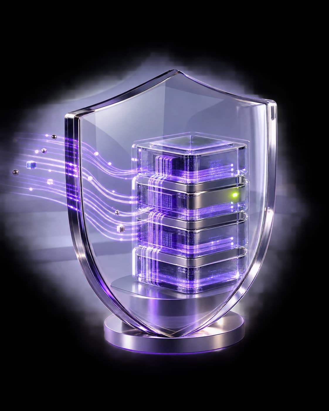 Glass security shield protecting a luminous server core