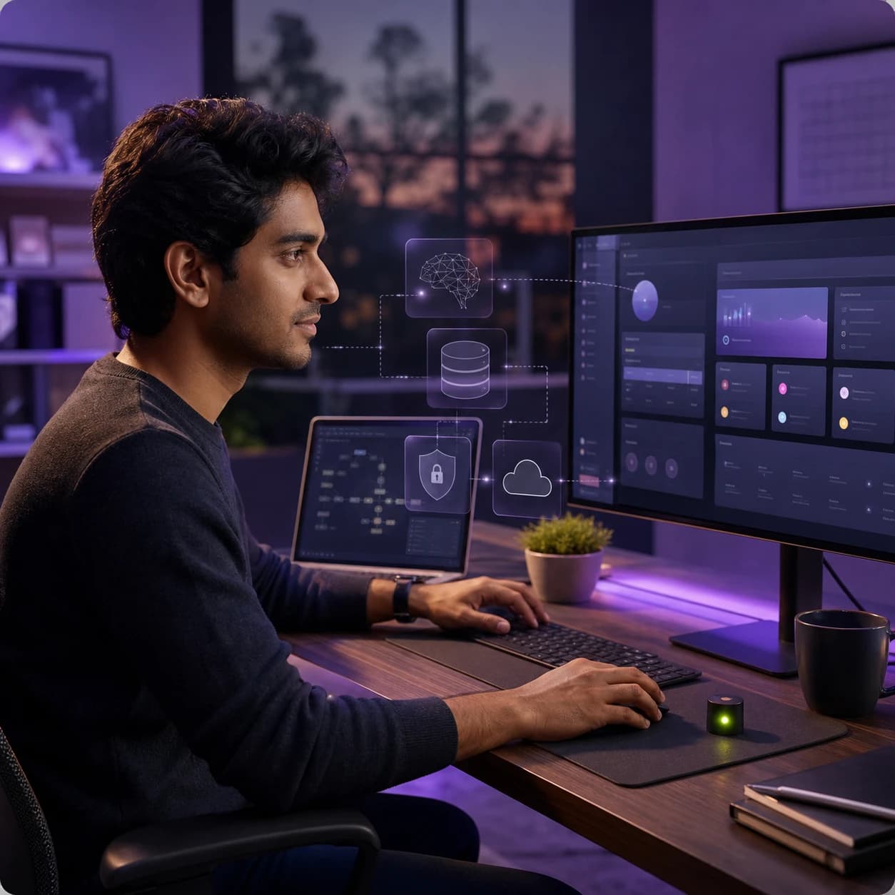 Product creator building an AI-powered application in a modern studio